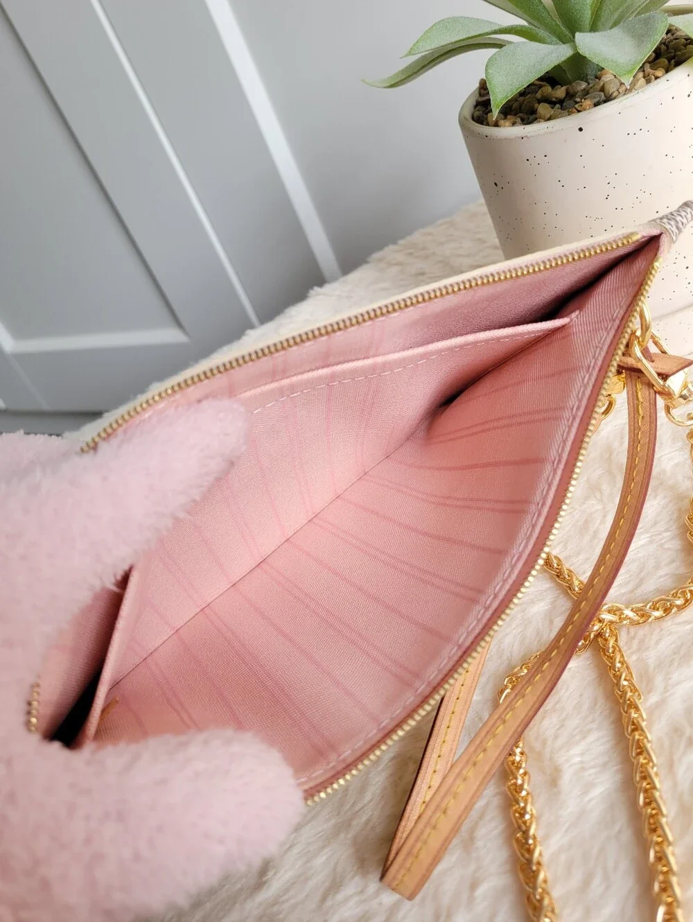 Louis Vuitton Neverfull Mm Clutch Wristlet Damier Azur Rose Ballerine